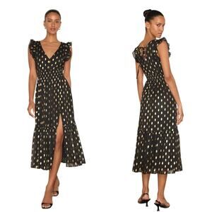 Lulus Cause to Celebrate Black and Gold Dot Ruffled Tiered Midi Dress size M